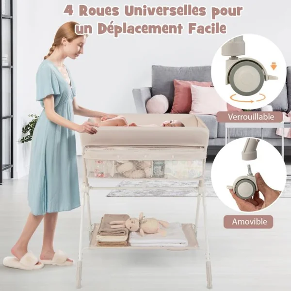 Table à Langer Pliable pour Bébé avec Hauteur Réglable sur 3 Niveaux Poubelle Panier de Rangement Etagère Roues Verrouillables Gris/Beige