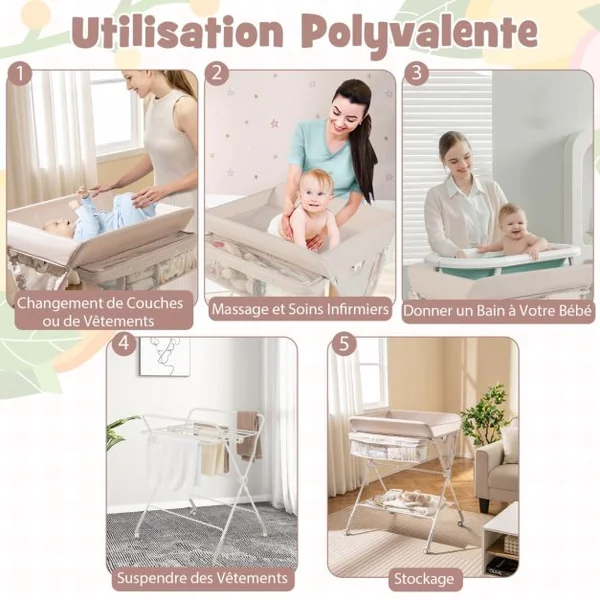 Table à Langer Pliable pour Bébé avec Hauteur Réglable sur 3 Niveaux Poubelle Panier de Rangement Etagère Roues Verrouillables Gris/Beige