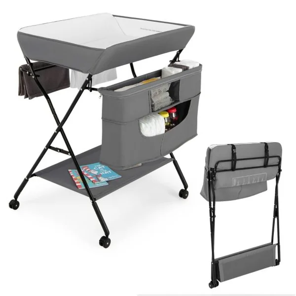 Table à Langer Pliante avec Rous à Freins Réglable en 3 Hauteur Sac de Rangement de la Naissance à 12 mois (11kg) Noir