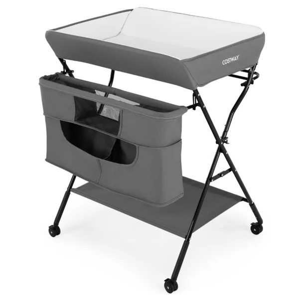 Table à Langer Pliante avec Rous à Freins Réglable en 3 Hauteur Sac de Rangement de la Naissance à 12 mois (11kg) Noir