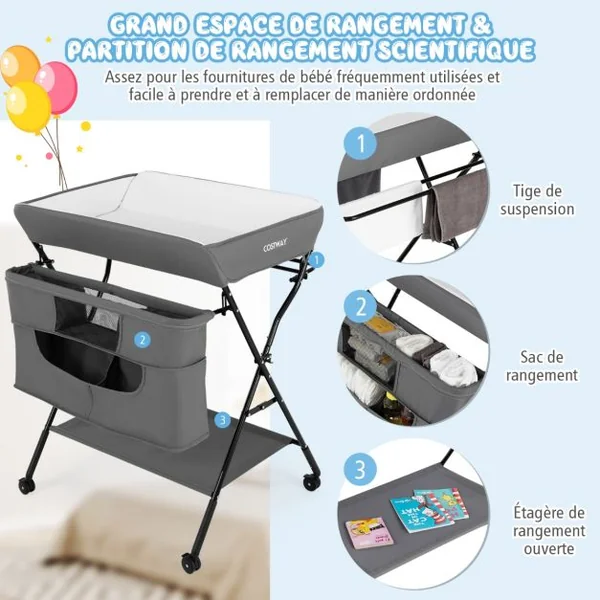 Table à Langer Pliante avec Rous à Freins Réglable en 3 Hauteur Sac de Rangement de la Naissance à 12 mois (11kg) Noir