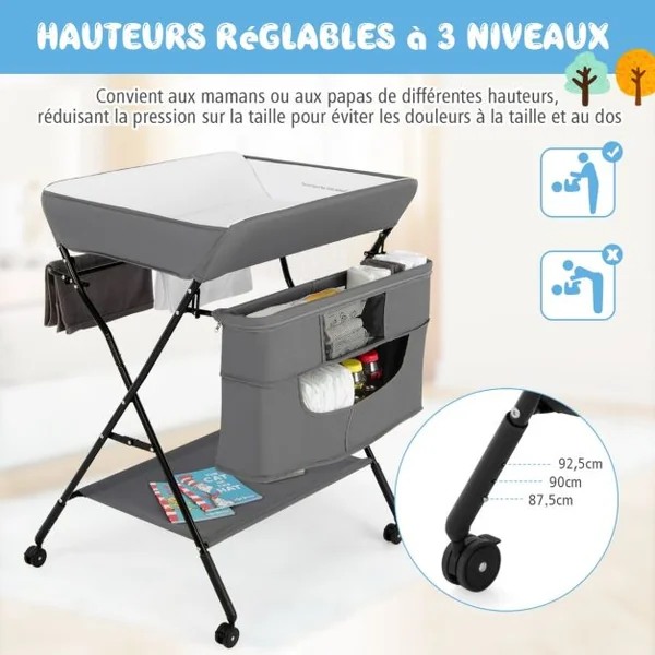 Table à Langer Pliante avec Rous à Freins Réglable en 3 Hauteur Sac de Rangement de la Naissance à 12 mois (11kg) Noir