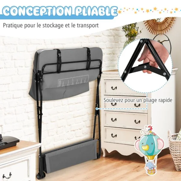 Table à Langer Pliante avec Rous à Freins Réglable en 3 Hauteur Sac de Rangement de la Naissance à 12 mois (11kg) Noir