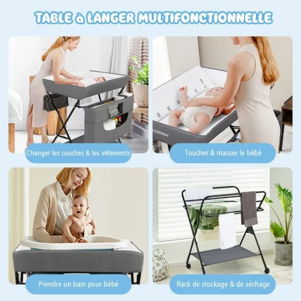 Table à Langer Pliante avec Rous à Freins Réglable en 3 Hauteur Sac de Rangement de la Naissance à 12 mois (11kg) Noir