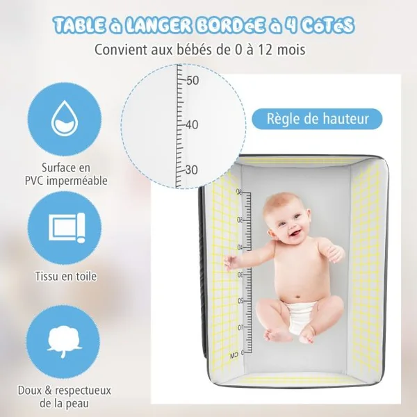 Table à Langer Pliante avec Rous à Freins Réglable en 3 Hauteur Sac de Rangement de la Naissance à 12 mois (11kg) Noir