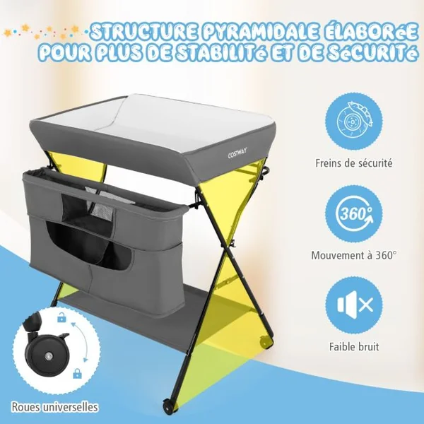 Table à Langer Pliante avec Rous à Freins Réglable en 3 Hauteur Sac de Rangement de la Naissance à 12 mois (11kg) Noir