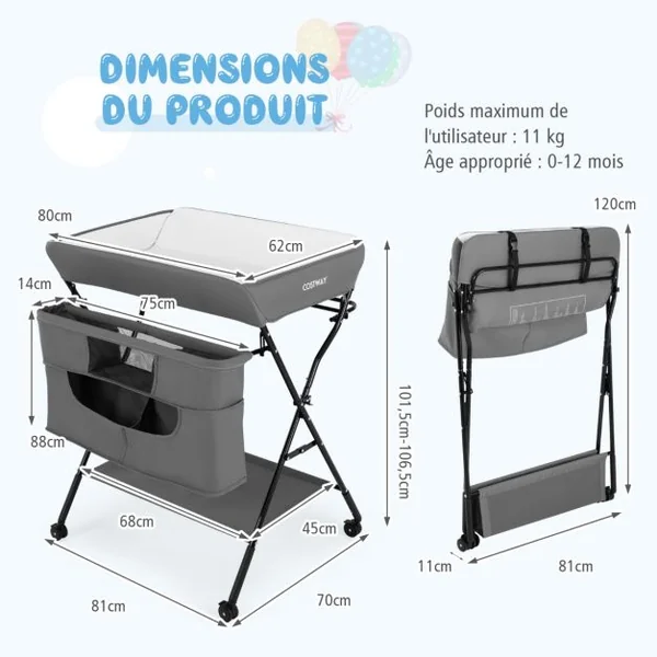Table à Langer Pliante avec Rous à Freins Réglable en 3 Hauteur Sac de Rangement de la Naissance à 12 mois (11kg) Noir