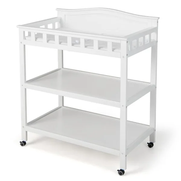 Table à Langer Roulante en Bois avec 2 Étagères Ouvertes Charge 15 KG Commode à Langer avec Matelas Imperméable Blanc