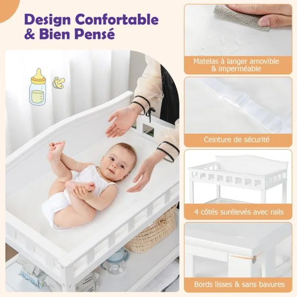 Table à Langer Roulante en Bois avec 2 Étagères Ouvertes Charge 15 KG Commode à Langer avec Matelas Imperméable Blanc