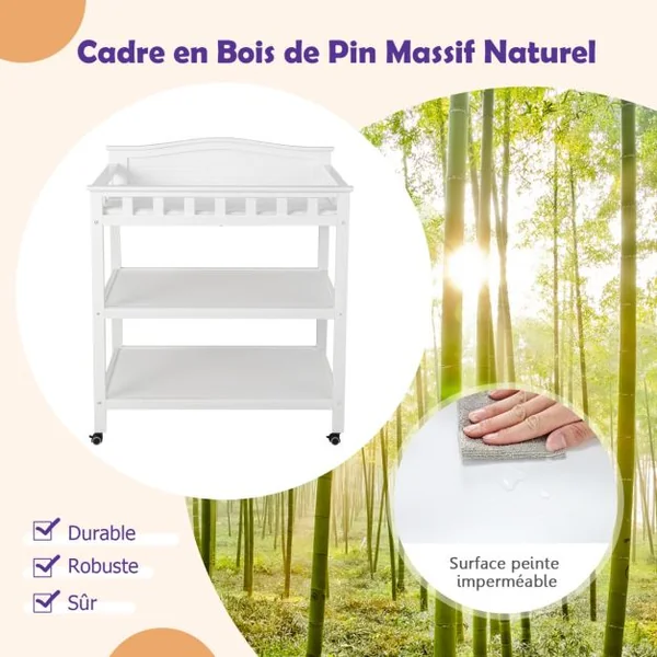 Table à Langer Roulante en Bois avec 2 Étagères Ouvertes Charge 15 KG Commode à Langer avec Matelas Imperméable Blanc