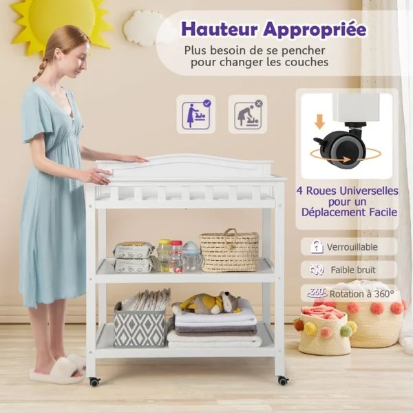 Table à Langer Roulante en Bois avec 2 Étagères Ouvertes Charge 15 KG Commode à Langer avec Matelas Imperméable Blanc