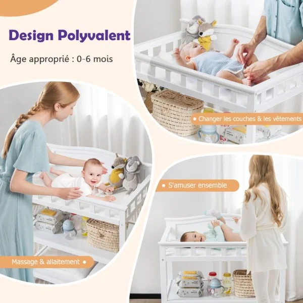 Table à Langer Roulante en Bois avec 2 Étagères Ouvertes Charge 15 KG Commode à Langer avec Matelas Imperméable Blanc