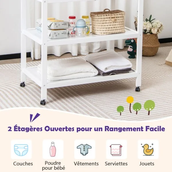 Table à Langer Roulante en Bois avec 2 Étagères Ouvertes Charge 15 KG Commode à Langer avec Matelas Imperméable Blanc