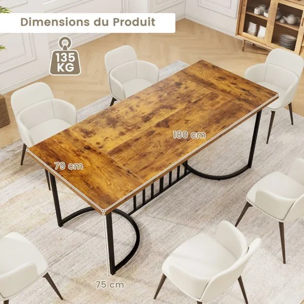 Table à Manger en Bois de 180 cm pour 6 à 8 Personnes Table de Cuisine Rectangulaire avec Plateau en Bois Capacité 135 Kg Marron