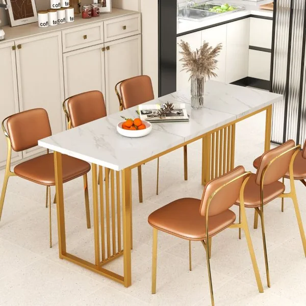 Table à Manger Moderne pour 6-8 Personnes Table de Cuisine Rectangulaire 160 CM avec Plateau en Faux Marbre Pieds Métalliques Or & Blanc