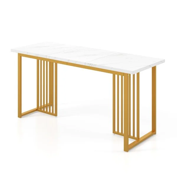 Table à Manger Moderne pour 6-8 Personnes Table de Cuisine Rectangulaire 160 CM avec Plateau en Faux Marbre Pieds Métalliques Or & Blanc