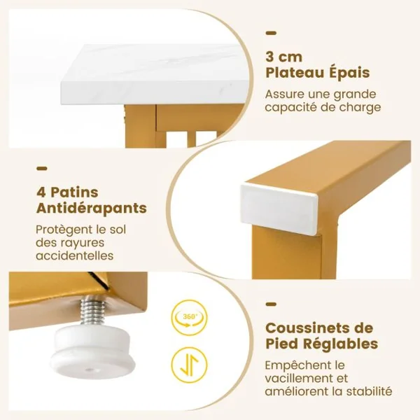 Table à Manger Moderne pour 6-8 Personnes Table de Cuisine Rectangulaire 160 CM avec Plateau en Faux Marbre Pieds Métalliques Or & Blanc