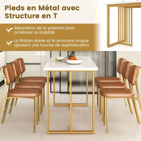 Table à Manger Moderne pour 6-8 Personnes Table de Cuisine Rectangulaire 160 CM avec Plateau en Faux Marbre Pieds Métalliques Or & Blanc