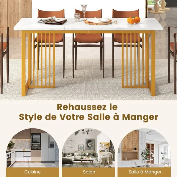Table à Manger Moderne pour 6-8 Personnes Table de Cuisine Rectangulaire 160 CM avec Plateau en Faux Marbre Pieds Métalliques Or & Blanc