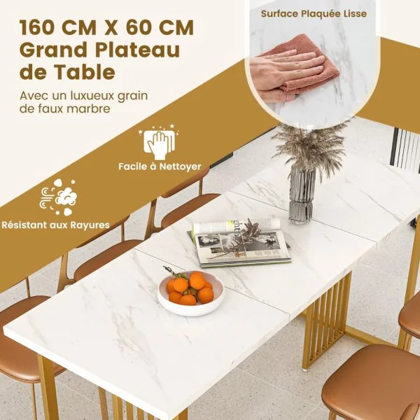 Table à Manger Moderne pour 6-8 Personnes Table de Cuisine Rectangulaire 160 CM avec Plateau en Faux Marbre Pieds Métalliques Or & Blanc