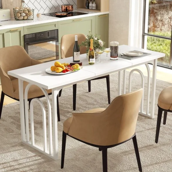 Table à Manger pour 6-8 Personnes Table de Cuisine Rectangulaire de 160 CM Style Ferme avec Pieds Métalliques Robustes Blanc