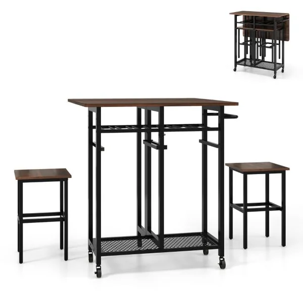 Table à Manger Roulante avec 2 Tabourets et Porte-bouteilles de Vin de 6 Places Étagères et Poignée Latérale Blanc/Marron Rustique
