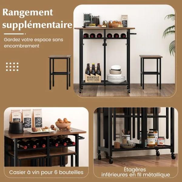 Table à Manger Roulante avec 2 Tabourets et Porte-bouteilles de Vin de 6 Places Étagères et Poignée Latérale Blanc/Marron Rustique