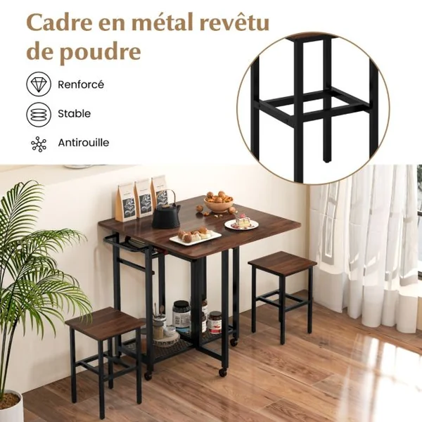 Table à Manger Roulante avec 2 Tabourets et Porte-bouteilles de Vin de 6 Places Étagères et Poignée Latérale Blanc/Marron Rustique