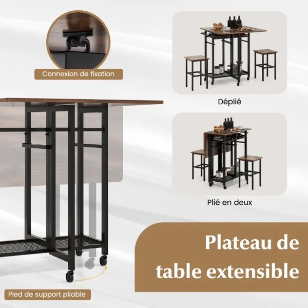 Table à Manger Roulante avec 2 Tabourets et Porte-bouteilles de Vin de 6 Places Étagères et Poignée Latérale Blanc/Marron Rustique