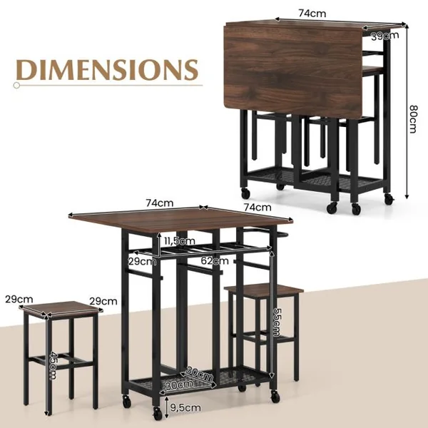 Table à Manger Roulante avec 2 Tabourets et Porte-bouteilles de Vin de 6 Places Étagères et Poignée Latérale Blanc/Marron Rustique