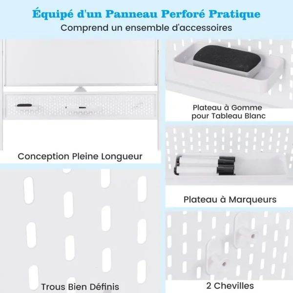 Tableau Blanc Effaçable à Sec Mobile Double Face 120 x 90 cm avec Support Tableau Blanc Magnétique sur Pied avec Panneau Perforé Blanc