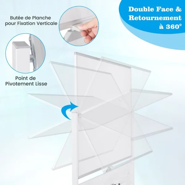 Tableau Blanc Effaçable à Sec Mobile Double Face 120 x 90 cm avec Support Tableau Blanc Magnétique sur Pied avec Panneau Perforé Blanc
