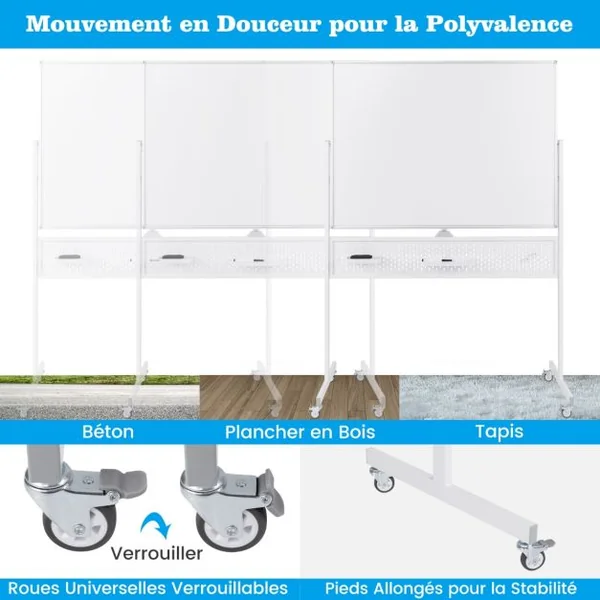 Tableau Blanc Effaçable à Sec Mobile Double Face 120 x 90 cm avec Support Tableau Blanc Magnétique sur Pied avec Panneau Perforé Blanc