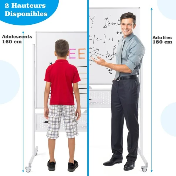 Tableau Blanc Effaçable à Sec Mobile Double Face 120 x 90 cm avec Support Tableau Blanc Magnétique sur Pied avec Panneau Perforé Blanc