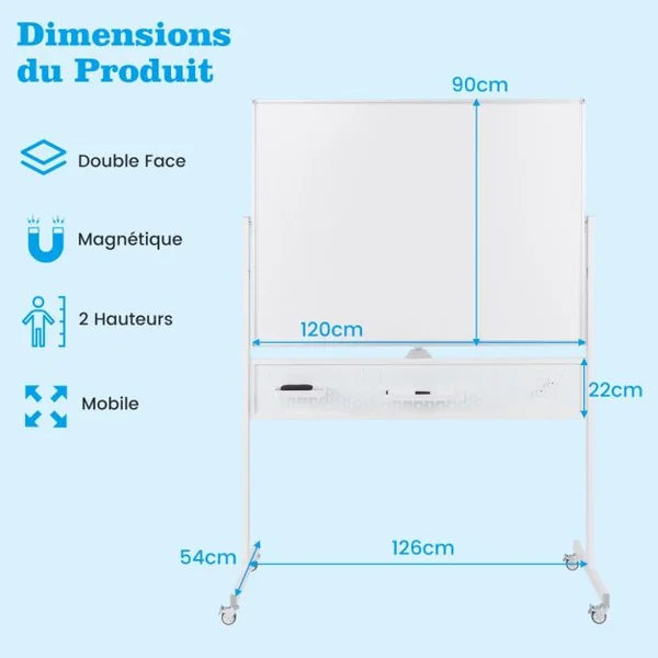 Tableau Blanc Effaçable à Sec Mobile Double Face 120 x 90 cm avec Support Tableau Blanc Magnétique sur Pied avec Panneau Perforé Blanc