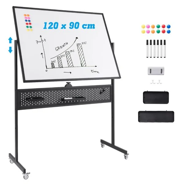 Tableau Blanc Effaçable à Sec Mobile Double Face 120 x 90 cm avec Support Tableau Blanc Magnétique sur Pied avec Panneau Perforé Noir