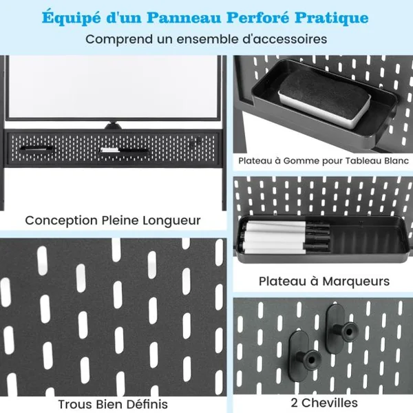 Tableau Blanc Effaçable à Sec Mobile Double Face 120 x 90 cm avec Support Tableau Blanc Magnétique sur Pied avec Panneau Perforé Noir