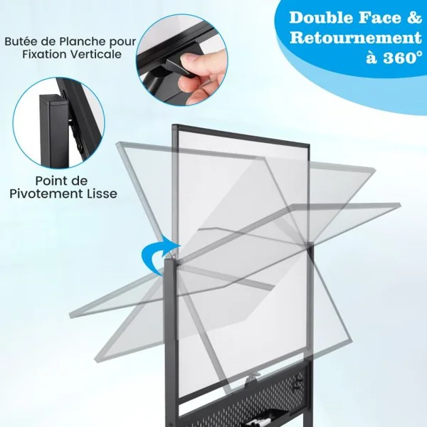 Tableau Blanc Effaçable à Sec Mobile Double Face 120 x 90 cm avec Support Tableau Blanc Magnétique sur Pied avec Panneau Perforé Noir