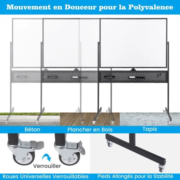 Tableau Blanc Effaçable à Sec Mobile Double Face 120 x 90 cm avec Support Tableau Blanc Magnétique sur Pied avec Panneau Perforé Noir