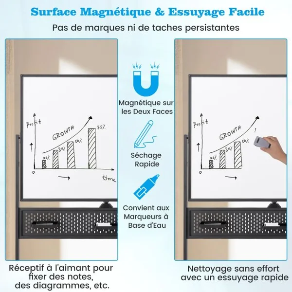 Tableau Blanc Effaçable à Sec Mobile Double Face 120 x 90 cm avec Support Tableau Blanc Magnétique sur Pied avec Panneau Perforé Noir