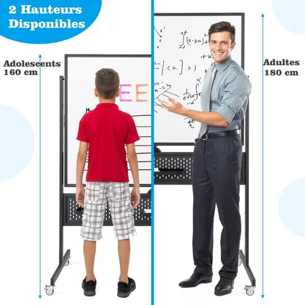 Tableau Blanc Effaçable à Sec Mobile Double Face 120 x 90 cm avec Support Tableau Blanc Magnétique sur Pied avec Panneau Perforé Noir