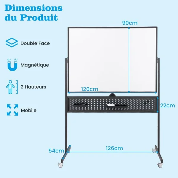 Tableau Blanc Effaçable à Sec Mobile Double Face 120 x 90 cm avec Support Tableau Blanc Magnétique sur Pied avec Panneau Perforé Noir