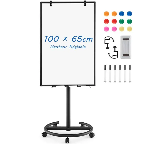 Tableau Blanc Magnétique Mobile 100x65cm Tableau Effaçable à Sec Roulant Hauteur Réglable Support Rond Stable Blanc/Noir/Vert