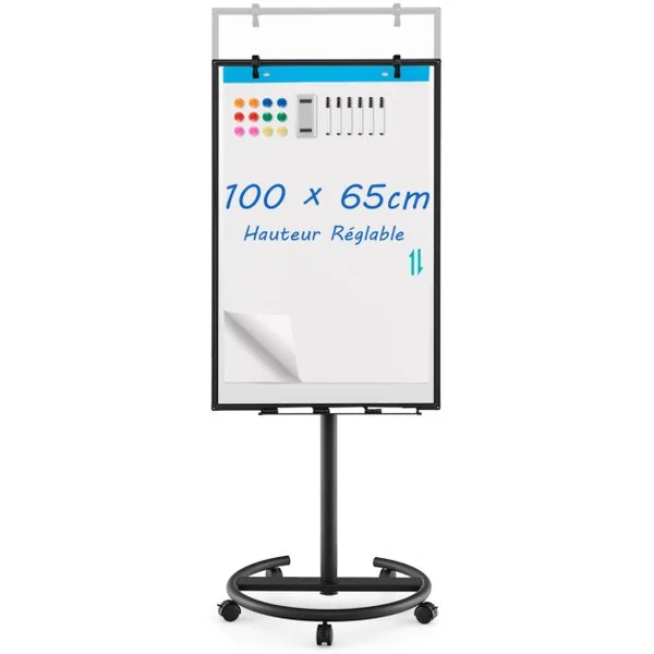 Tableau Blanc Magnétique Mobile 100x65cm Tableau Effaçable à Sec Roulant Hauteur Réglable Support Rond Stable Blanc/Noir/Vert