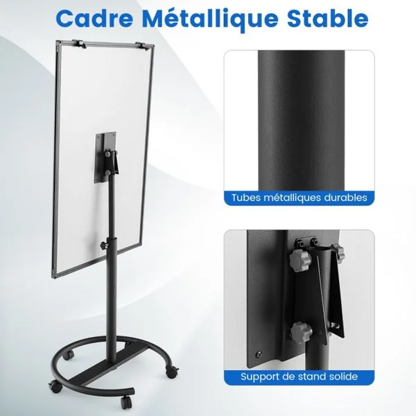 Tableau Blanc Magnétique Mobile 100x65cm Tableau Effaçable à Sec Roulant Hauteur Réglable Support Rond Stable Blanc/Noir/Vert