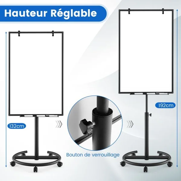 Tableau Blanc Magnétique Mobile 100x65cm Tableau Effaçable à Sec Roulant Hauteur Réglable Support Rond Stable Blanc/Noir/Vert