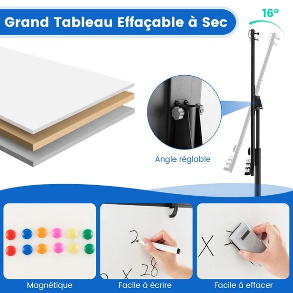 Tableau Blanc Magnétique Mobile 100x65cm Tableau Effaçable à Sec Roulant Hauteur Réglable Support Rond Stable Blanc/Noir/Vert
