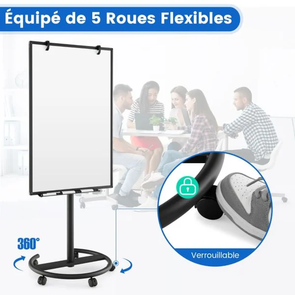 Tableau Blanc Magnétique Mobile 100x65cm Tableau Effaçable à Sec Roulant Hauteur Réglable Support Rond Stable Blanc/Noir/Vert