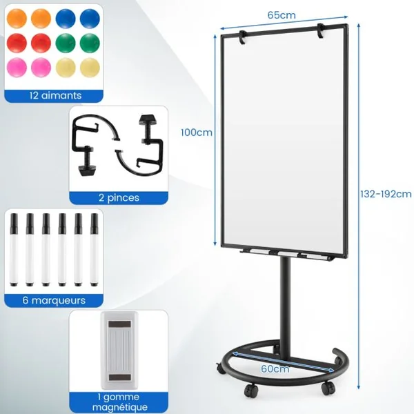 Tableau Blanc Magnétique Mobile 100x65cm Tableau Effaçable à Sec Roulant Hauteur Réglable Support Rond Stable Blanc/Noir/Vert