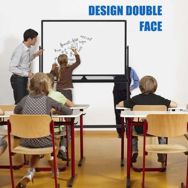 Tableau Blanc Mobile Magnétique Double Face 120x80cm Tableau Réversible Effaçable à Sec Hauteur Réglable sur 2 Positions 12 Aimants Blanc/Noir
